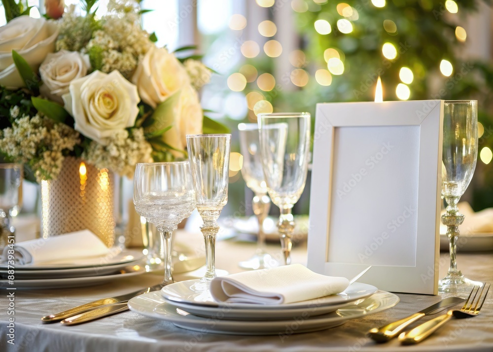 Elegant table setting with crisp white linen, fine china, and sparkling glassware, featuring a blank menu card mockup awaiting personalized wedding details. Elegant table setting with crisp white linen, fine china, and sparkling glassware, featuring a blank menu card mockup awaiting personalized wedding details.