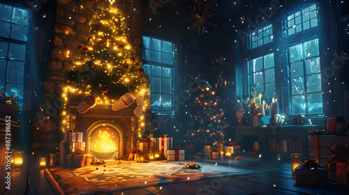 Window Christmas tree and fire, Christmas tree, winter Christmas, interior Christmas magic glowing tree fireplace, bonfire in house, cozy hot fire in winter inside house, Decorated Christmas tree © Ample