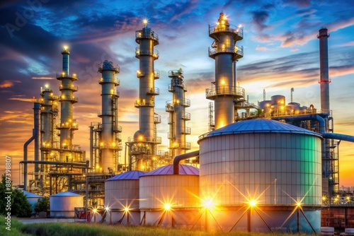 Industrial oil and gas power plant refinery with massive storage tanks facility for oil production and petrochemical processing, charting oil demand and price fluctuations.