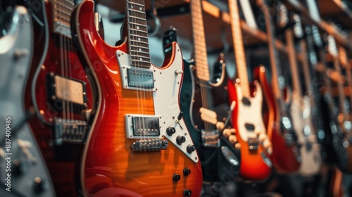 A row of different electric guitars hanging in a music store
