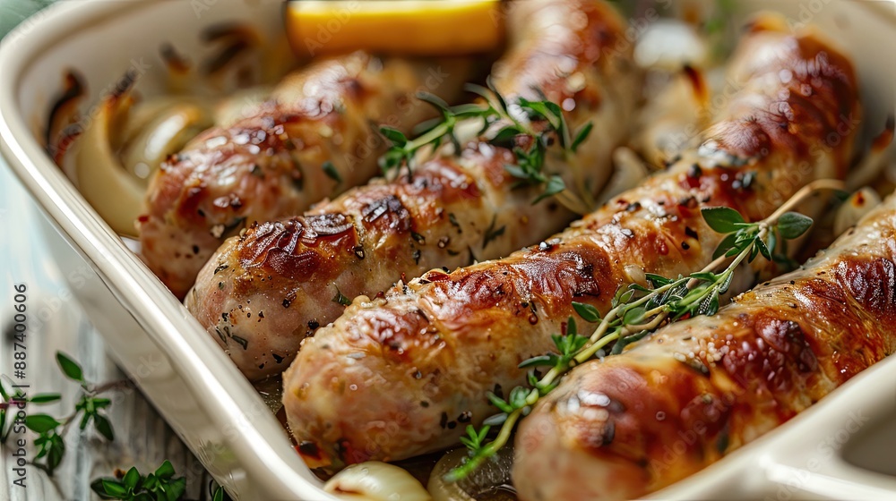 Baked white sausage with the addition of onion garlic and herbs in a baking dish close up view Easter food Baked white sausage with the addition of onion garlic and herbs in a baking dish close up view Easter food
