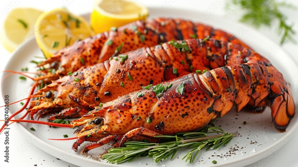Grilled Lobster Tails on a Plate with Lemon and Rosemary Grilled Lobster Tails on a Plate with Lemon and Rosemary