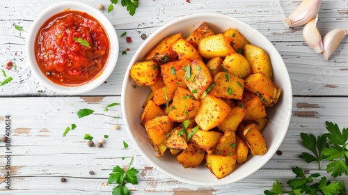 patatas bravas deep fried potatoes with spicy sauce in white bowl on white wood table spanish cuisine horizontal view from above flat lay close up