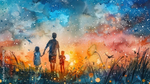 Watercolor artistic image of young couple with two kids chase the fireflies of their dreams