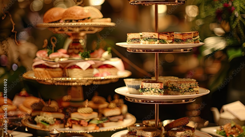 A view of food tier stands featuring tuna salad tea sandwiches A view of food tier stands featuring tuna salad tea sandwiches