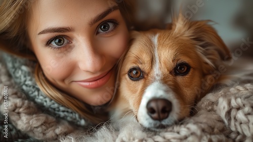 Happy Woman Cuddling with Dog, Perfect for Pet and Lifestyle Blogs, Cozy Warm Color Palette © kodidesign