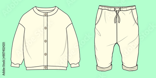 baby unisex terry fleece sweatshirt and jogger tracksuit fashion illustration flat sketch vector.