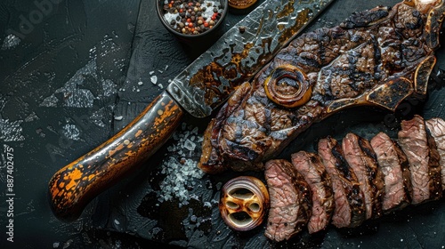 Traditional barbecue dry aged wagyu rib eye beef steaks with charred onion sliced and served as close up on a rustic large knife on a black board with copy space photo