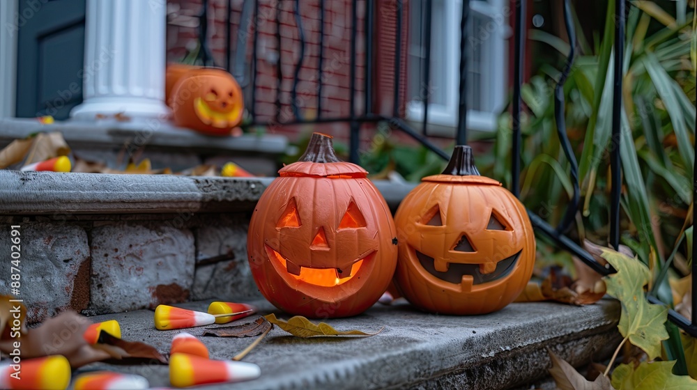 Obraz premium Welcome Trick or Treaters greeting sign face covering required on candy corn