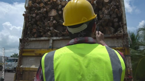 Asian male inspector counting sticks on truck Environmental wood industry concept photo