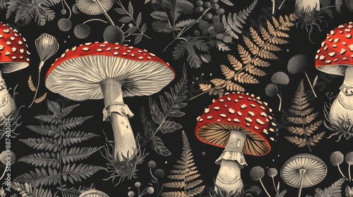 Vintage woodland nature seamless pattern Amanita mushroom fern forest plants witchcraft wallpaper Botanical texture on black background