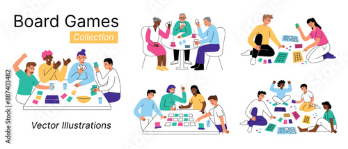 Vector illustration set of people playing boardgames. Friends and families enjoying card games at the table. Children, adults cartoon style characters. Fun leisure time, bonding and entertainment