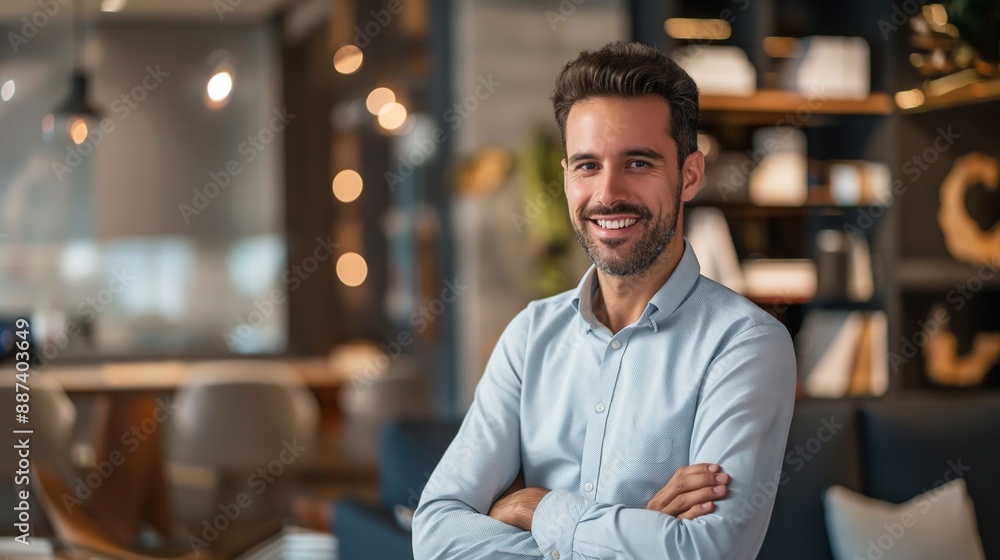 A skilled male interior designer wearing neat clothes, smiling at the camera in a chic, modern interior setting, demonstrating his professional design skills and aesthetic expertise, waist up view A skilled male interior designer wearing neat clothes, smiling at the camera in a chic, modern interior setting, demonstrating his professional design skills and aesthetic expertise, waist up view