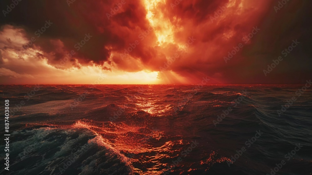 Obraz premium Sea storm. Dramatic fiery red stormy cloudy sky reflects troubled water surface. Panoramic wide angle view. Fantasy stormy sea. Cinematic stormy sea with very beautiful rays of light in the evening