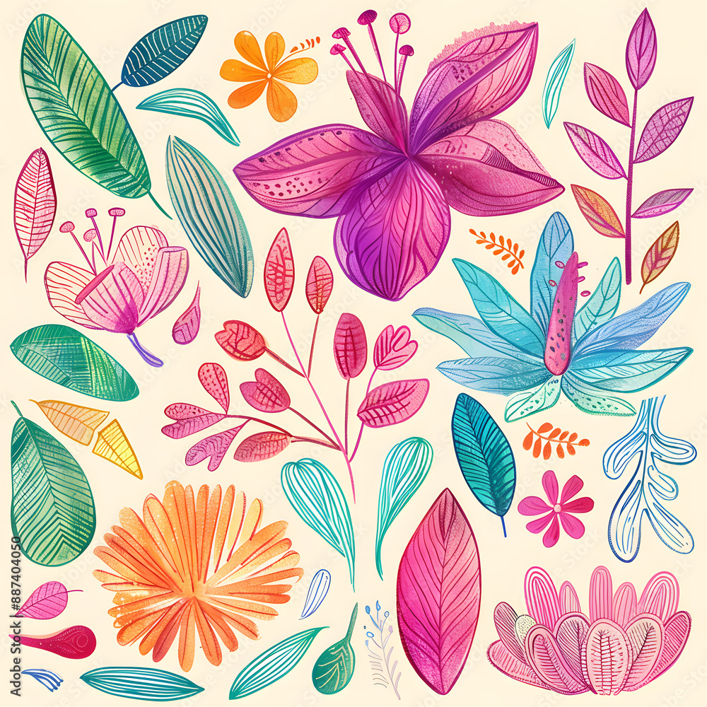 2D flower and leaf cards in various styles 2D flower and leaf cards in various styles
