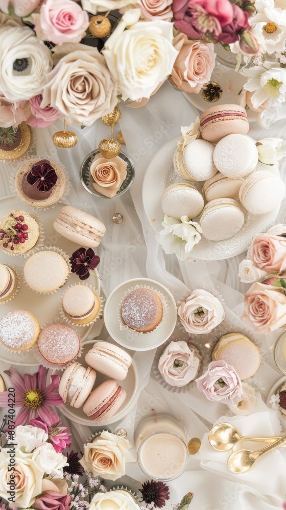 Elegant dessert table with various baked goods in the background you can see slightly fuzzy flowers Elegant dessert table with various baked goods in the background you can see slightly fuzzy flowers