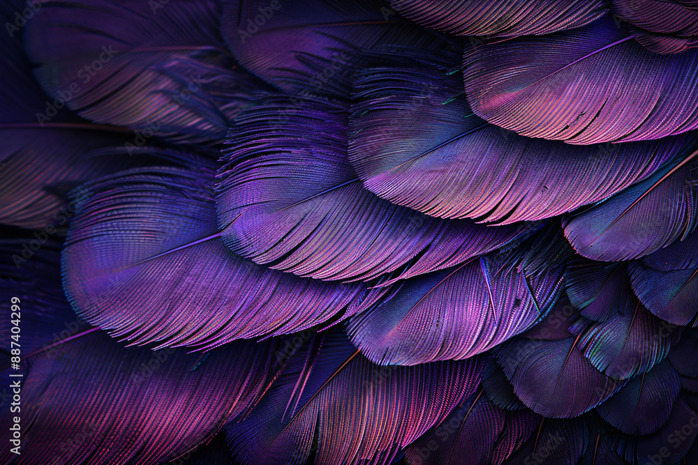 Violet feathers abstract background, texture of purple bird feather wallpaper design for wall art print and nature theme concept. Close up shot of black peacock plumage with shadow light Violet feathers abstract background, texture of purple bird feather wallpaper design for wall art print and nature theme concept. Close up shot of black peacock plumage with shadow light