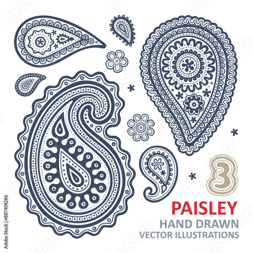 Hand-drawn paisley patterns vector illustrations for design projects. paisley drawings isolated on white background. part of collection.