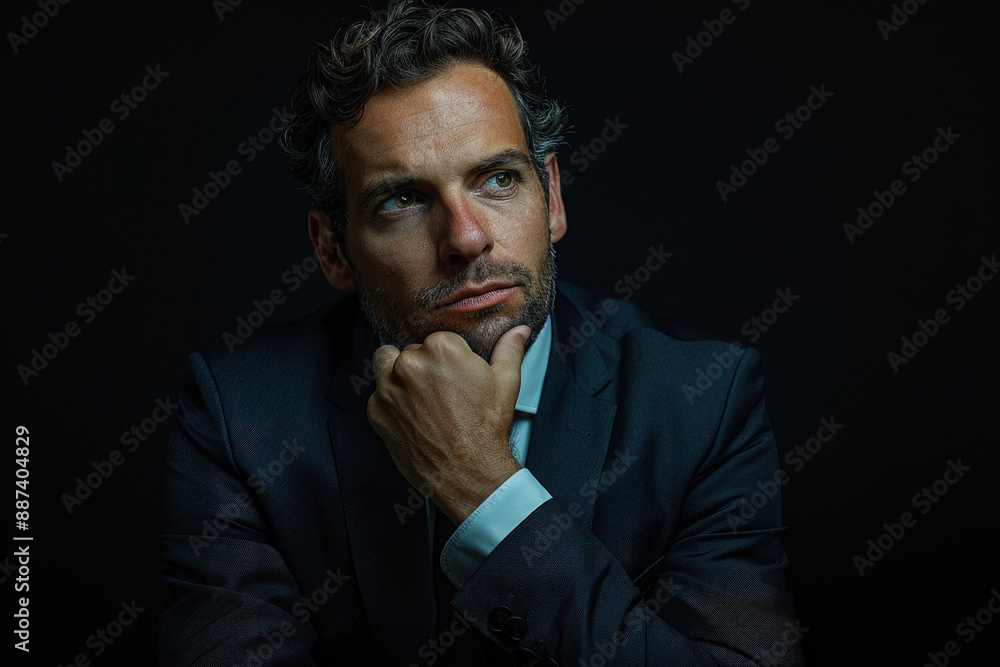 Portrait of a businessman thinking with one hand on his chin looking at camera. Business, curiosity, planning, feasibility analysis, solving problem, finding solution Portrait of a businessman thinking with one hand on his chin looking at camera. Business, curiosity, planning, feasibility analysis, solving problem, finding solution