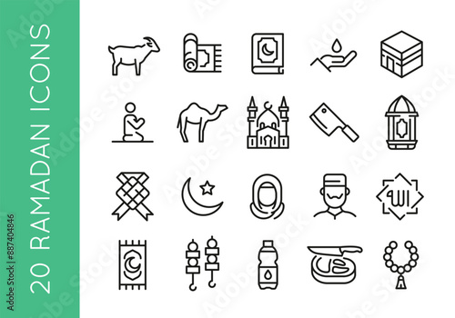 Ramadan icons. Set of 20 trendy minimal icons. Example: Camel, Arabic Arch, Oil Rig, Kaaba icon. Design signs for web page, mobile app, packaging design. Vector illustration.