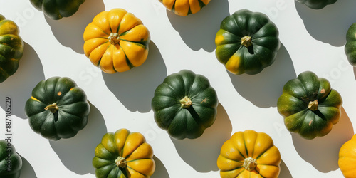 A background of acorn squash, each with its shadow, scattered across the canvas in an elegant display, with soft shadows on a white background photo