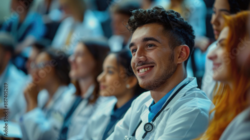 A smiling male doctor wearing a white coat and stethoscope sitting in front of other doctors, with students taking notes behind him in a university lecture hall. © Kien