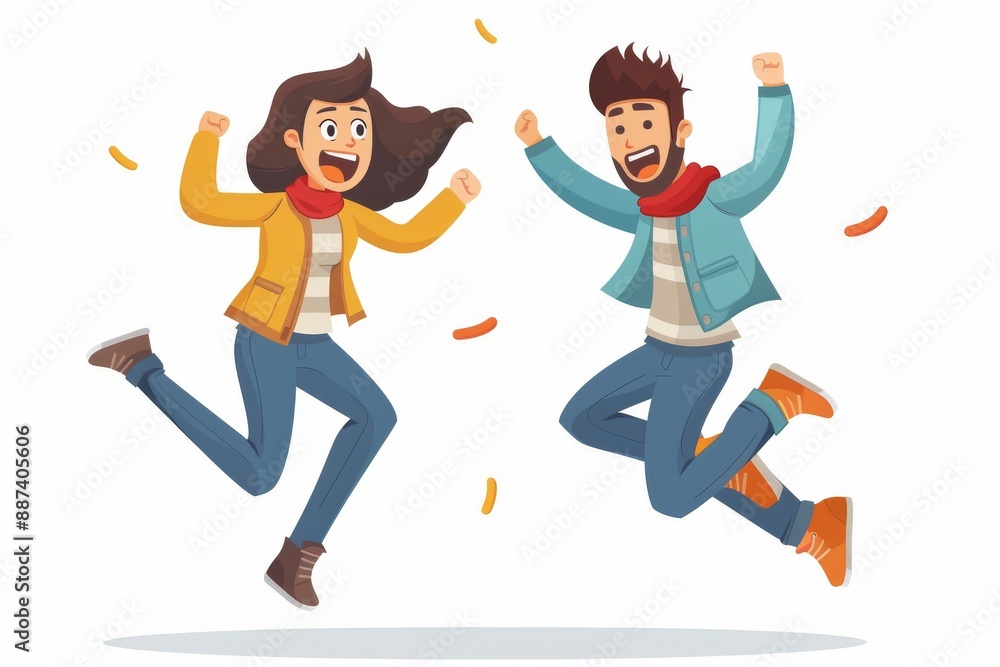 Happy jumping characters with colorful confetti, capturing joy and celebration in a vibrant, modern illustration with bold, playful design elements. Happy jumping characters with colorful confetti, capturing joy and celebration in a vibrant, modern illustration with bold, playful design elements.