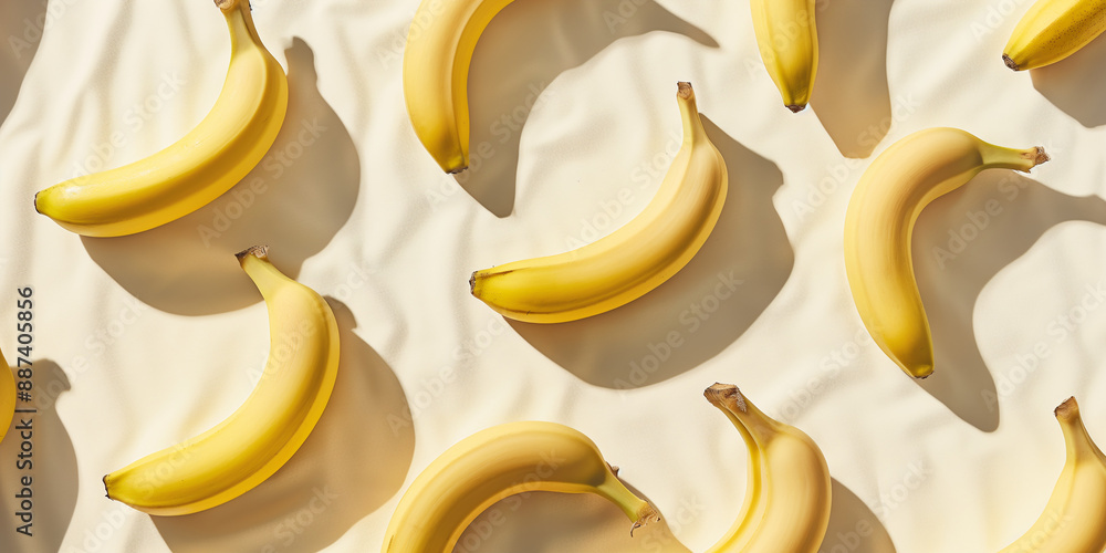A background of bananas, each with its shadow, scattered across the canvas in an elegant display, with soft shadows on a white background A background of bananas, each with its shadow, scattered across the canvas in an elegant display, with soft shadows on a white background