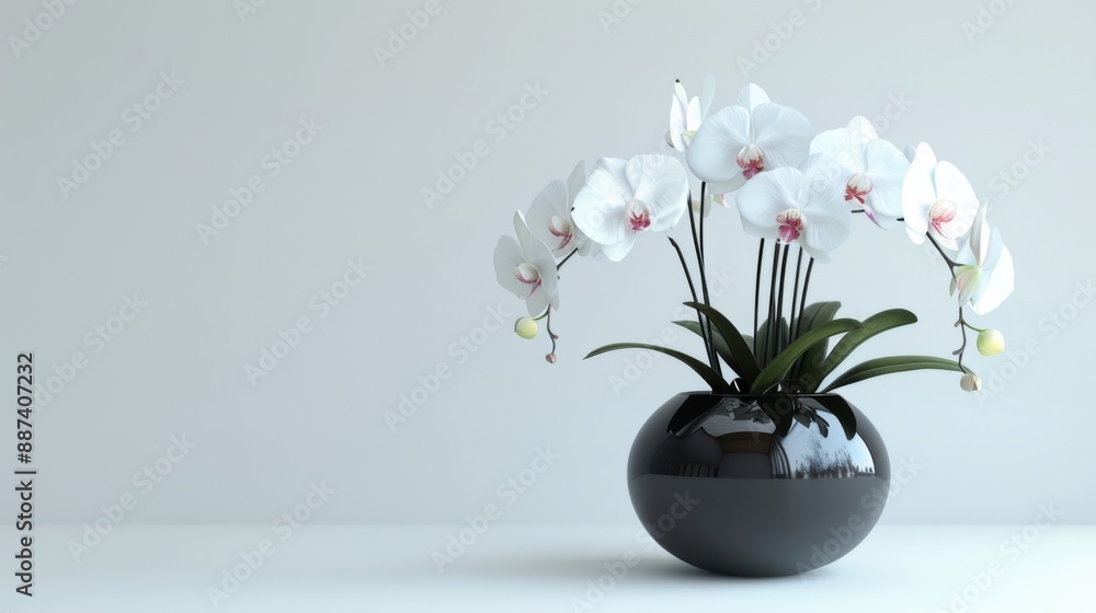 Elegant white orchids in a sleek black ceramic pot, against a solid white background Elegant white orchids in a sleek black ceramic pot, against a solid white background