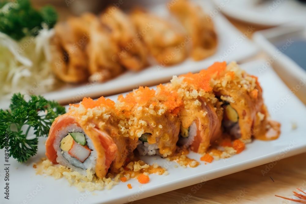 Raw fresh salmon sushi roll with sauce in white plate - Japanese food style , Color filter Processing Raw fresh salmon sushi roll with sauce in white plate - Japanese food style , Color filter Processing
