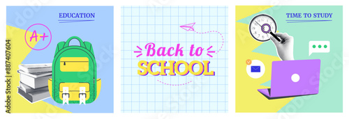 Set of back to school concept halftone collage card. Backpack, stack book, hand, laptop. Vector