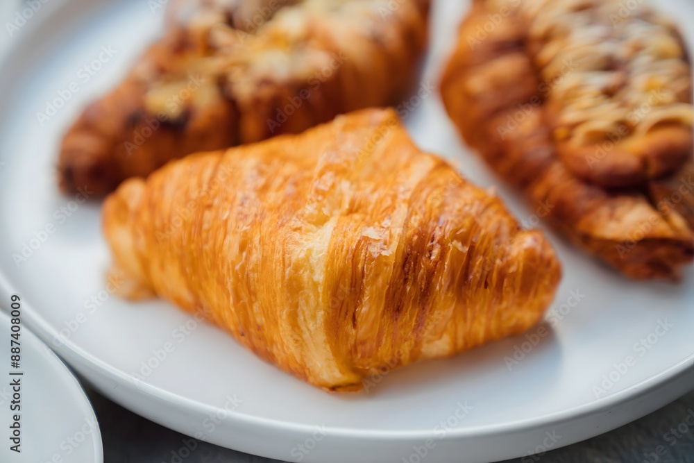 Freshly baked croissant in the brown disposable cardboard plate and a coffee in a disposable cup on a table against blurred restaurant interior background. Traditional French pastry with coffee to go Freshly baked croissant in the brown disposable cardboard plate and a coffee in a disposable cup on a table against blurred restaurant interior background. Traditional French pastry with coffee to go