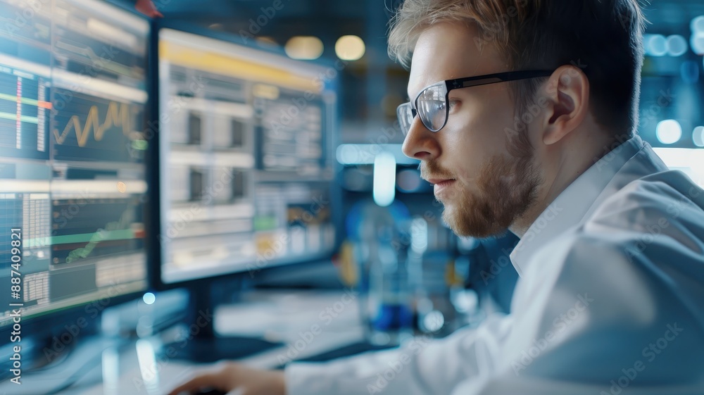 A chemical engineer analyzes data from a refinery's distillation unit. A chemical engineer analyzes data from a refinery's distillation unit.