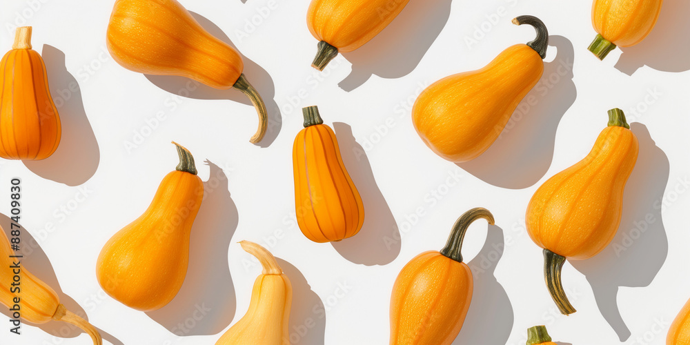 A background of butternut squash, each with its shadow, scattered across the canvas in an elegant display, with soft shadows on a white background A background of butternut squash, each with its shadow, scattered across the canvas in an elegant display, with soft shadows on a white background