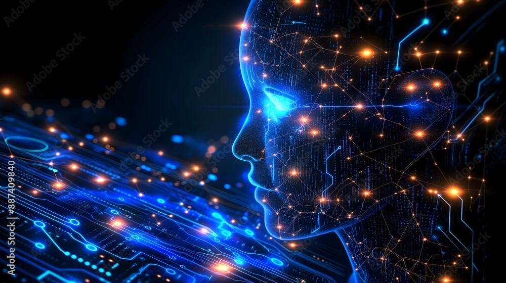 Fototapeta premium A digital presentation featuring close-up outlines of a woman and man's faces against a technology-themed background, ideal for PowerPoint and product presentations.
