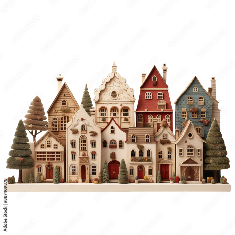 Miniature Christmas Village Isolated on Transparent Background. Concept of Holiday Decor and Festive Scene. Miniature Christmas Village Isolated on Transparent Background. Concept of Holiday Decor and Festive Scene.
