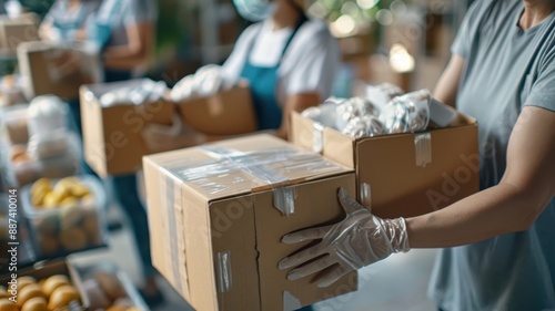 Volunteers pack boxes of food and supplies for disaster relief. © cloud7days