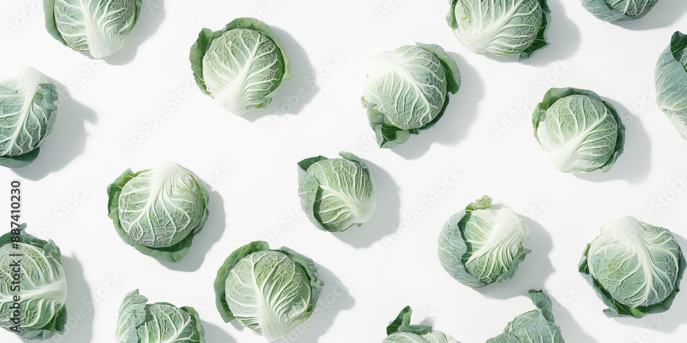 A background of cabbage, each with its shadow, scattered across the canvas in an elegant display, with soft shadows on a white background A background of cabbage, each with its shadow, scattered across the canvas in an elegant display, with soft shadows on a white background