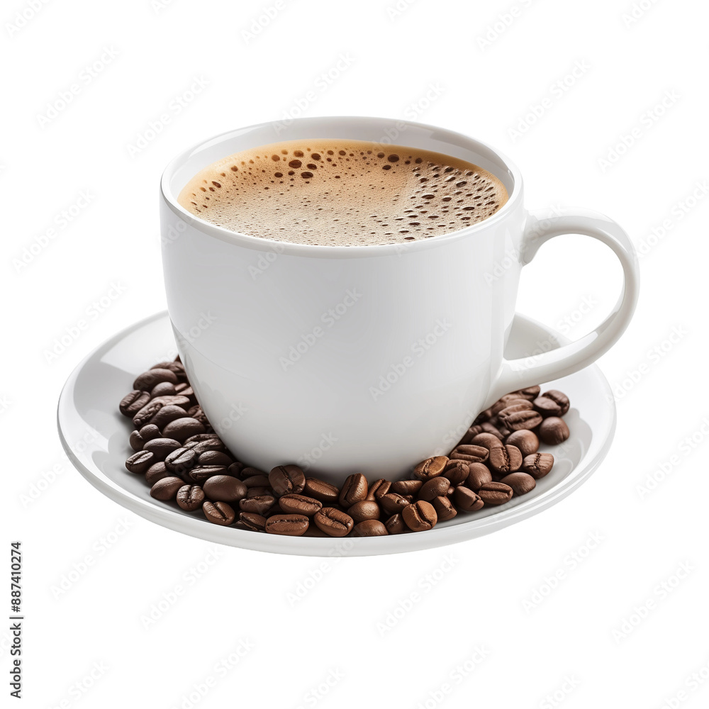 Cup of Coffee with Beans Isolated on Transparent Background. Concept of Morning Beverage and Coffee Culture.
