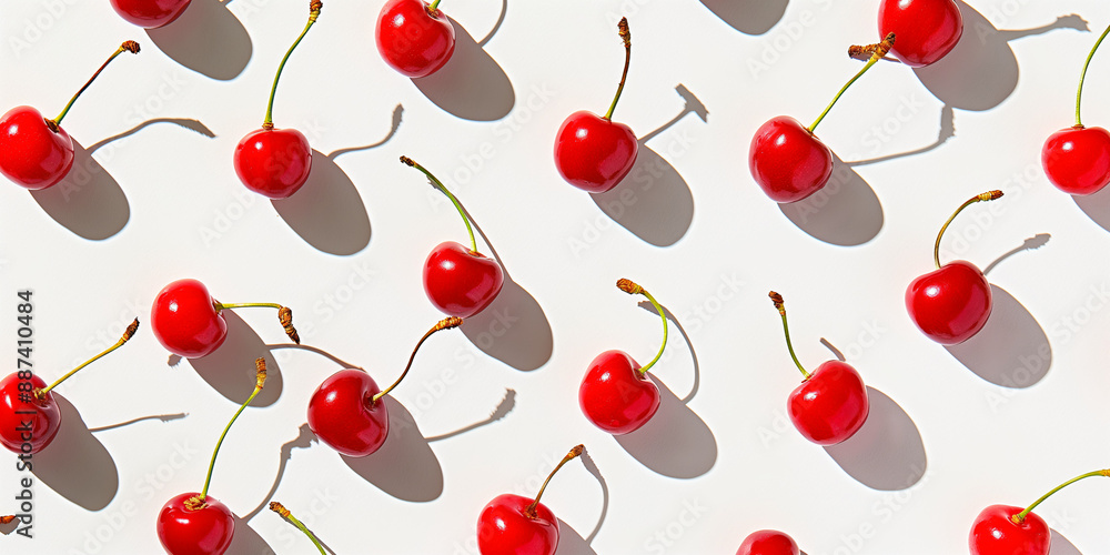 A background of cherries, each with its shadow, scattered across the canvas in an elegant display, with soft shadows on a white background A background of cherries, each with its shadow, scattered across the canvas in an elegant display, with soft shadows on a white background