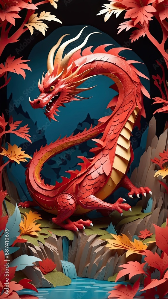 Fototapeta premium A mesmerizing paper-cut animation of the red dragon comes to life on the screen