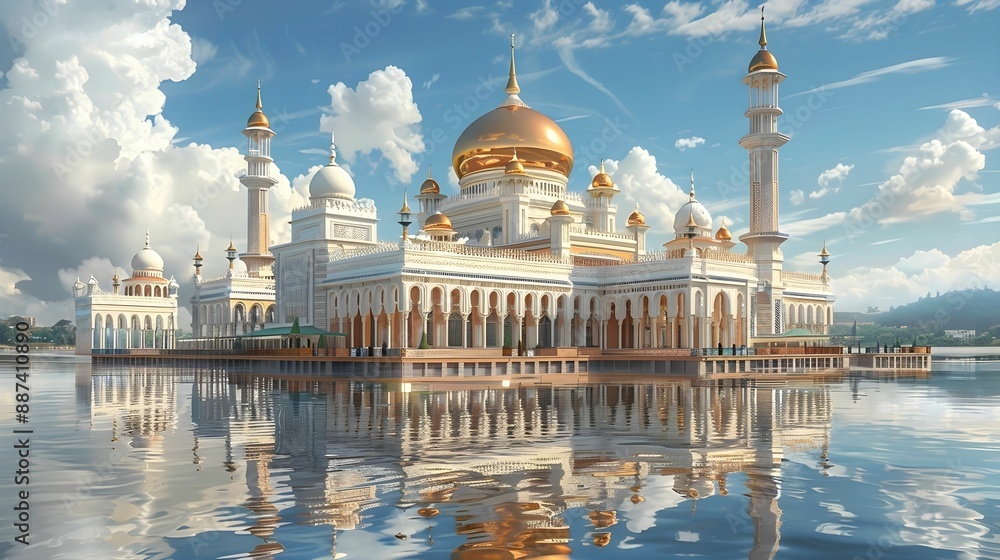 Obraz premium Sultan Omar Ali Saifuddien Mosque with its golden dome and marble minarets. 