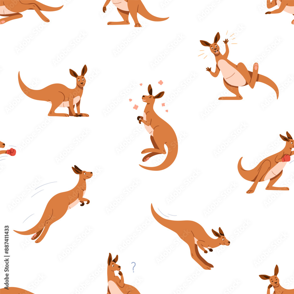 Seamless pattern, cute kangaroo characters. Happy funny adorable Australian animals, endless background. Australia marsupials, childish design, repeating print for fabric. Flat vector illustration Seamless pattern, cute kangaroo characters. Happy funny adorable Australian animals, endless background. Australia marsupials, childish design, repeating print for fabric. Flat vector illustration