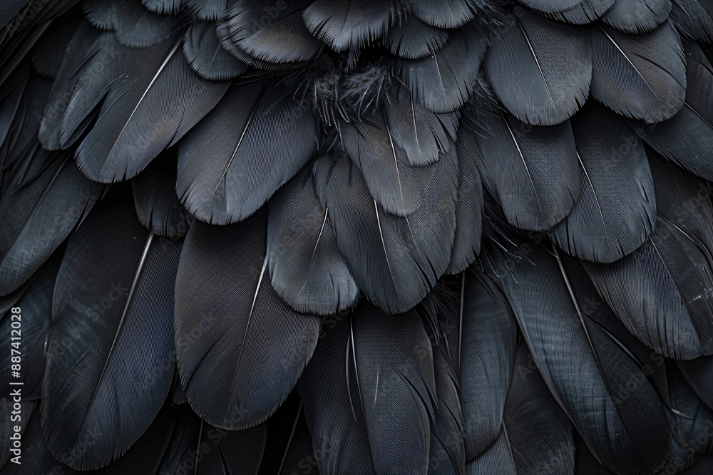 Obraz premium Black feather texture background, abstract wallpaper design with bird feathers pattern for wall art print and nature concept