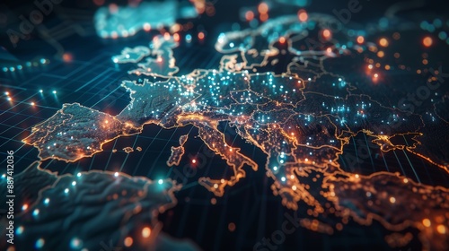 AI-powered global network emphasizes Western Europe on a dynamic digital world map for big data transfer, cyber technology, and telecommunication connectivity.