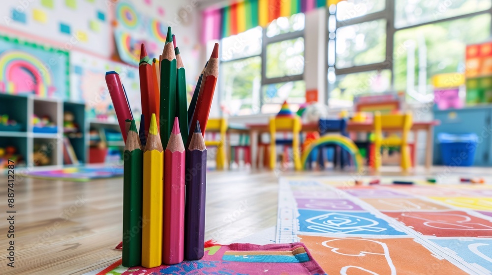 Spacious preschool room with creative writing area, colorful pencils, and alphabet charts Spacious preschool room with creative writing area, colorful pencils, and alphabet charts