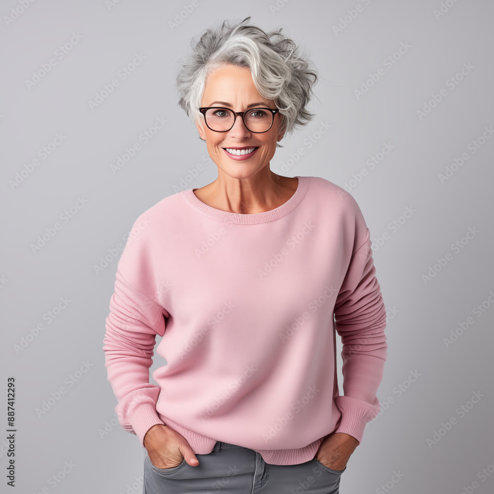 Confident Older Woman in Pink Sweater and Glasses Smiling on Gray Background Confident Older Woman in Pink Sweater and Glasses Smiling on Gray Background