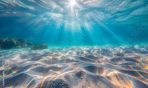 Sunlight filtering through the water surface, creating beautiful rays and reflections on the sandy seabed photo