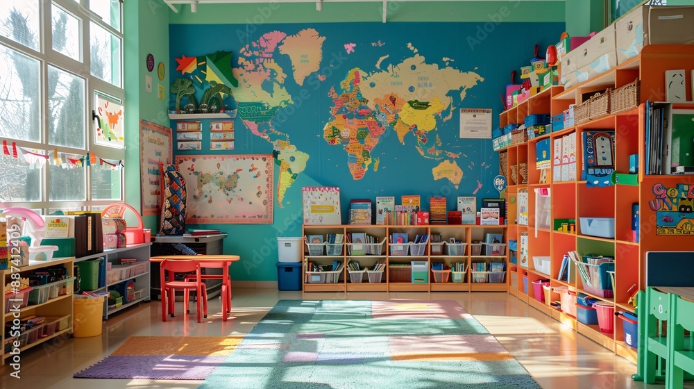 Multicultural Book Display Examples Colorful preschool classroom with multicultural books, world map, and ...