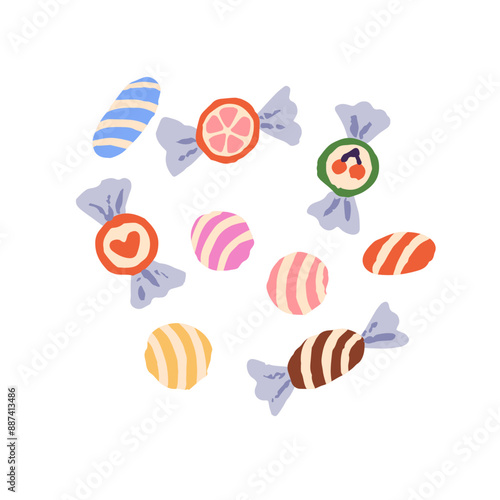 Small hard candies in wrapping. Little fruit caramels. Sweet lollipops, lolipops, lollypops. Sugar lollies, bonbons. Confectionery. Flat isolated hand drawn vector illustration on white background
